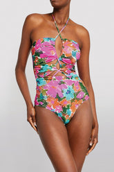 Traje de baño de una pieza con cuello halter cruzado y cordones florales